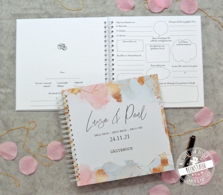 Personalisiertes Hochzeitsgästebuch mit Fragen zum Ausfüllen, Goldy