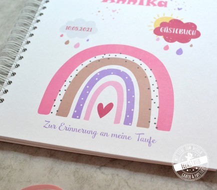 Regenbogen in rosa auf Gästebuch zur Taufe, personalisierbar mit Namen und Datum