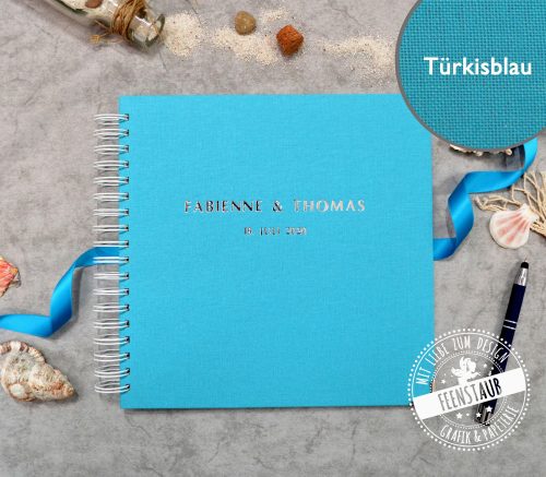 personalisierbares Leinengästebuch türkisblau
