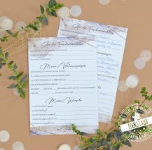 Gästebuchkarten für Hochzeit mit vorgedruckten Fragen an die Hochzeitsgäste