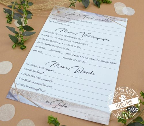 Gästebuchkarten für Hochzeit mit vorgedruckten Fragen an die Hochzeitsgäste