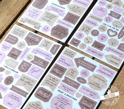 Stickerbögen für Hochzeitsgästebuch mit 7 Themen, Sprüchen, Fragen, Tipps, Wünsche