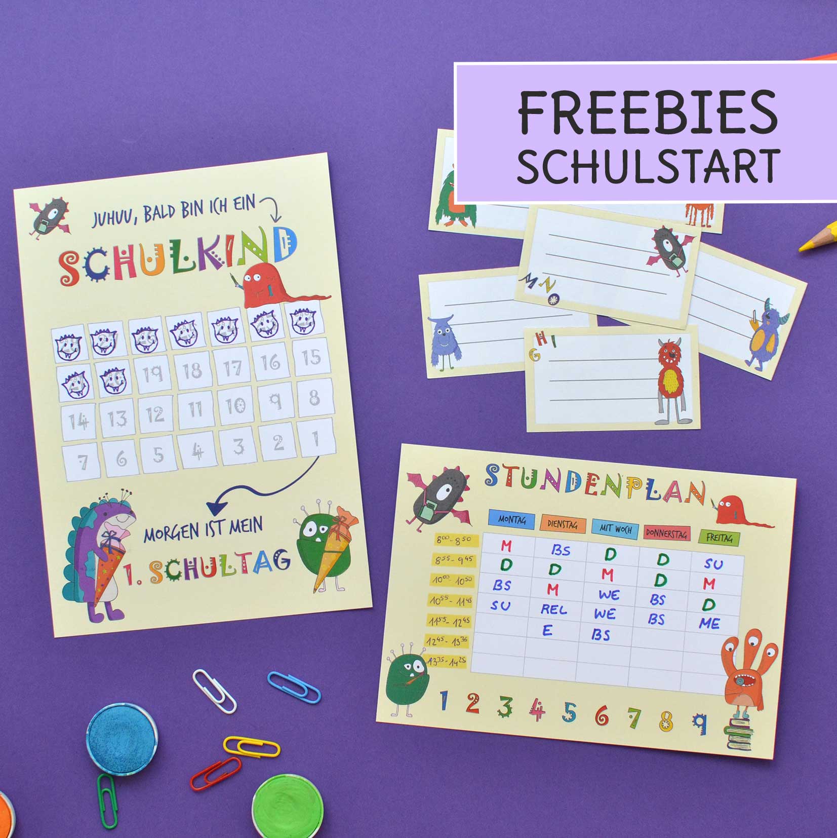 Freebies Einschulung Stundenplan Countdown Heftetiketten Gratis Monster Vorlage Ausdrucken Volksschule Feenstaub Feenstaub At Shop