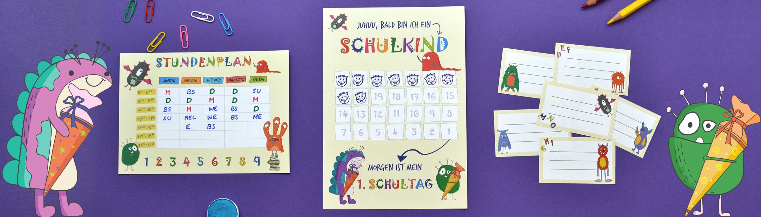 Freebie zur Einschulung mit Stundenplan, Hefteteiketten und Countdown für die Grundschule und Volksschule