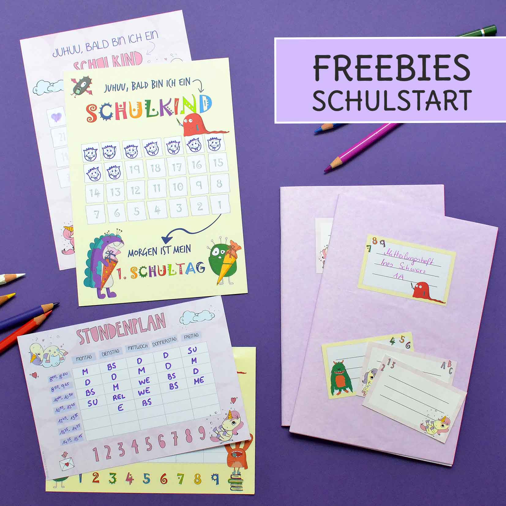 Freebies Grundschule Stundenplan Countdown Heftetiketten Gratis Monster Einhorn Vorlage Ausdrucken Volksschule Feenstaub Feenstaub At Shop