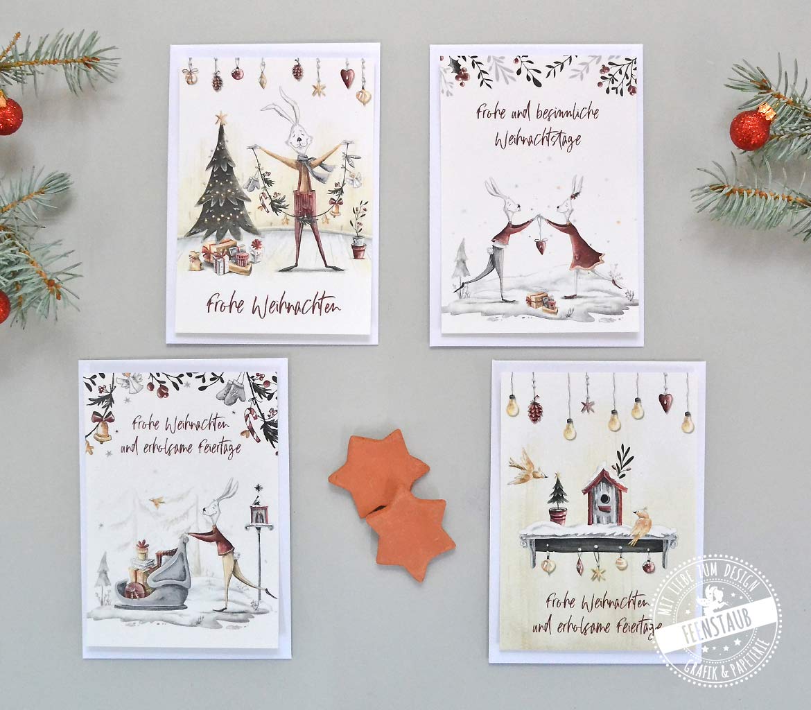 Weihnachtskarten 4er Set Mit Weihnachtlichen Hasenpaar Feenstaub At