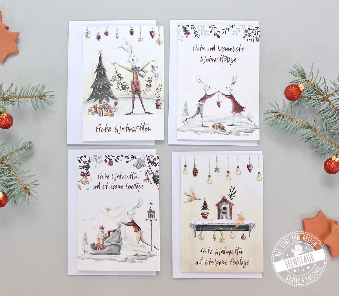 Weihnachtskarten 4er Set Mit Weihnachtlichen Hasenpaar Feenstaub At