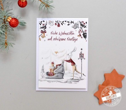 Weihnachtskarte mit Kuvert süßer Hase mit Schlitten