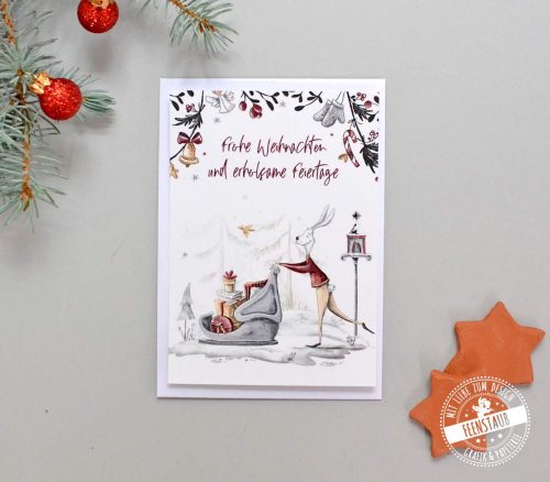 Weihnachtskarte mit Kuvert süßer Hase mit Schlitten