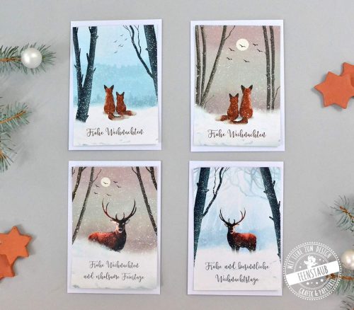 4 Weihnachtskarten mit winterlichen Motiven, Hirsch und Füchse