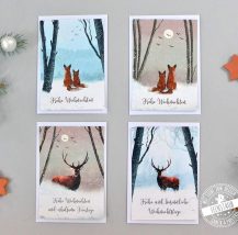 4 Weihnachtskarten mit winterlichen Motiven, Hirsch und Füchse