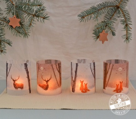 Weihnachtsdeko für den Tisch, Windlichthüllen für Teelichter mit winterlicher Landschaft