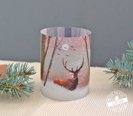 Teelichthülle für Weihnachten, auch als Adventkalenderfüllung geeignet, Winterlandschaft mit Hirsch