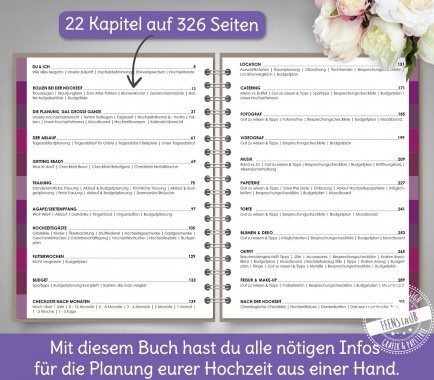 Feenstaub Hochzeitsplaner mit 326 Seiten, 22 Kapiteln, vielen Checklisten, Tipps, Budgetlisten und einer Online Bibliothek