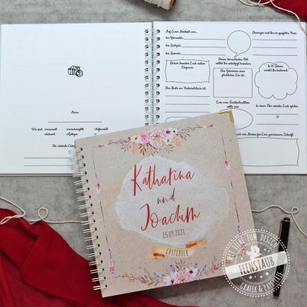 Boho Gästebuch, Hochzeitsgästebuch zum personalisieren, mit vorgedruckten Fragen