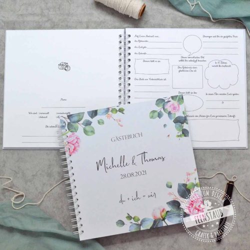 Gästebuch, mit Fragen zum Ausfüllen, personalisiert Rosen-Design