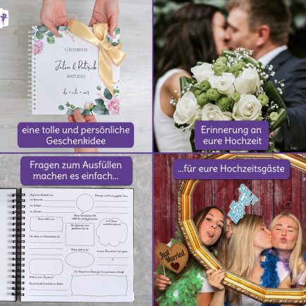 Personalisiertes Hochzeitsbuch, Gästebuch mit vorgedruckten Fragen