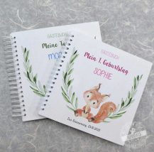 Geschenk zur Taufe, personalisiertes Gästebuch Erinnerungsbuch mit Fragen, Fuchs