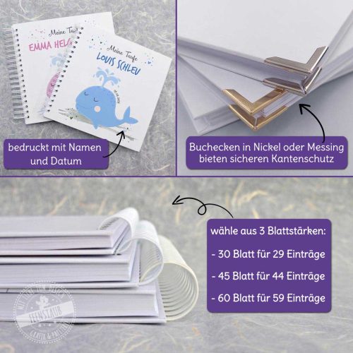 Blanko Gästebuch mit Wal Motiv, personalisiertes Erinnerungsalbum Taufe Geburtstag