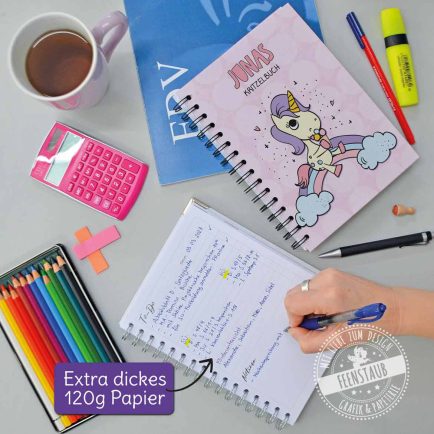 Kinder Notizbuch mit Einhorn und Regenbogen, personalisierbar