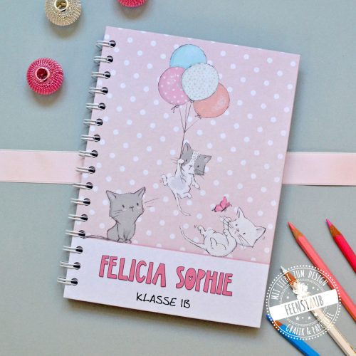 Notizbuch personalisierbar für Mädchen mit Katzen in rosa oder lila