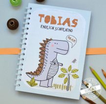 personalisierbares Notizbuch Geschenk-Idee zur Einschulung Schulstart A5 Dinosaurier Junge grün