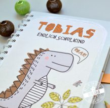Notizbuch mit Namen Geschenk zum Schulstart Einschulung in Schultüte A5 80 Blatt Dinosaurier orange