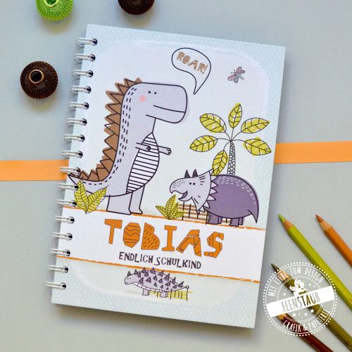 personalisierbares Notizbuch Geschenk-Idee zur Einschulung Schulstart A5 Dinosaurier orange