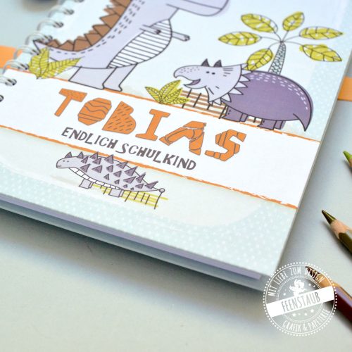 Notizbuch mit Namen Geschenk zum Schulstart Einschulung in Schultüte A5 80 Blatt Dinosaurier orange