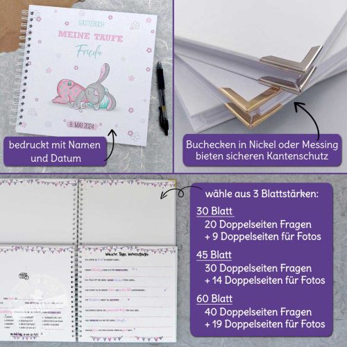 Personalisiertes Gästebuch für die Taufe, mit vorgedruckten Fragen, Erinnerungsbuch Hase