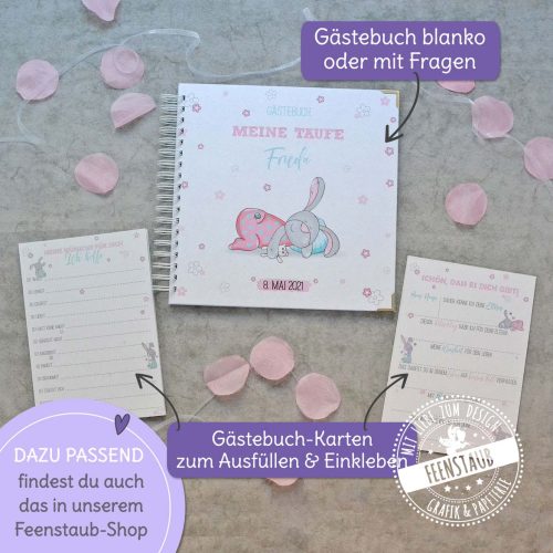 Gästebuch mit Gästebuchkarten für die Taufe mit rosa Hasen