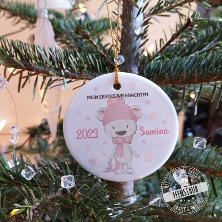 CHristbaumanhänger personalisiert, Jahreszahl Name, rosa Bär