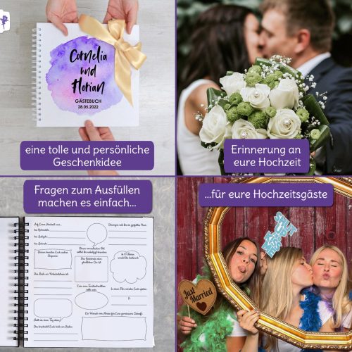Gästebuch mit Fragen, Hochzeitsgästebuch, personalisiert in verschiedenen Farben