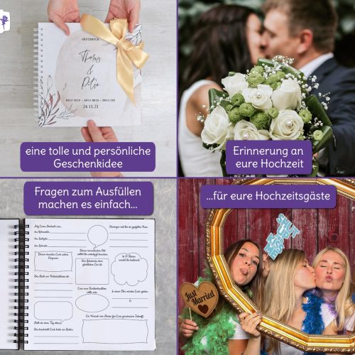 Gästebuch mit Fragen, personalisiertes Hochzeitsbuch mit Fragen zum Ausfüllen, Blätter Motiv