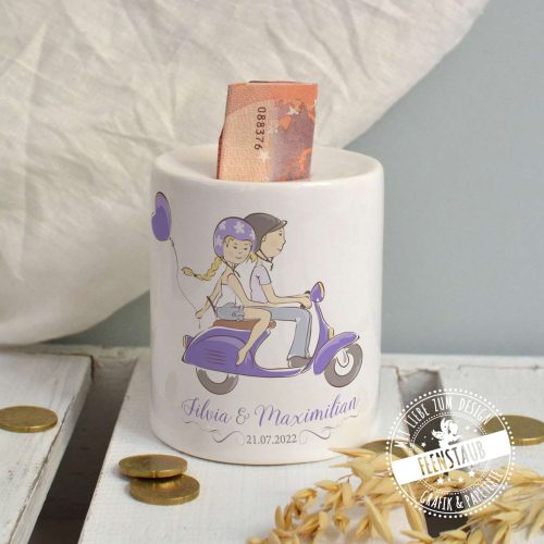 Personalisierte Spardose aus Keramik mit Moped und Namen für die Hochzeit
