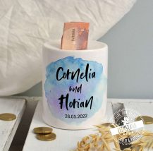 Verpackung für Geldgeschenkzur Hochzeit, personalisierte Spardose mit Brautpaar Namen