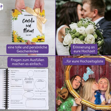 Personalisiertes Hochzeitsgästebuch Sonnenblumen, mit vorgedruckten Fragen