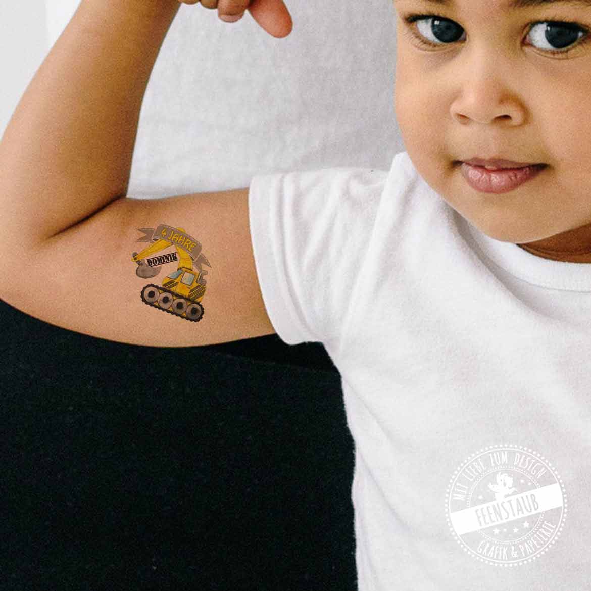 Klebetattoo mit Name & Alter Baustelle Tattoo Kinder Bagger personalisiert für Kindergeburtstag 