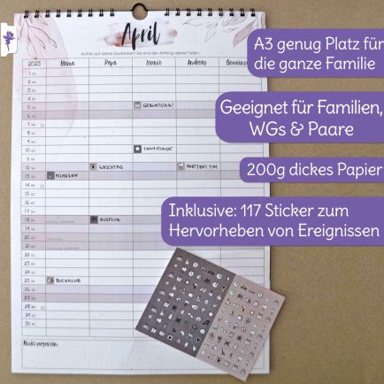 Familienkalender personalisierbar, Kalender mit 2-5 spalten, Wandkalender mit Stickern 2025, Blätter