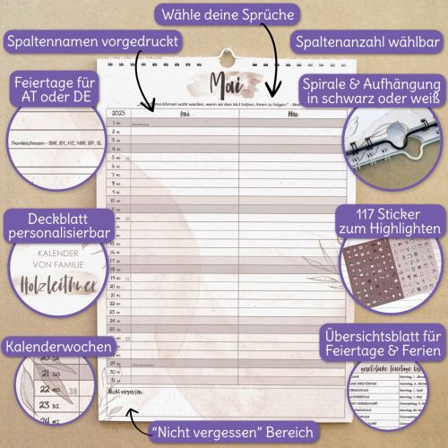 personalisierter wandkalender, familienkalender, braun