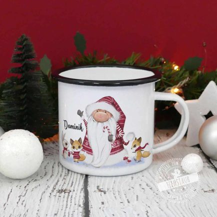 Emaille Tasse für Weihnachtszeit mit süßen Weihnachtszwerg