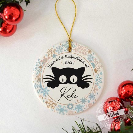Weihnachtsdeko personalisiert mit Namen, Weihnachtsanhänger Katze