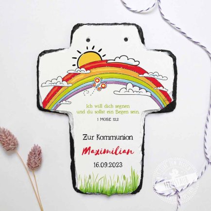personalisiertes Kinderkreuz mit Regenbogenmotiv