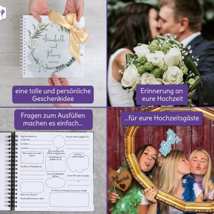 Hochzeitsbuch, Gästebuch für die Hochzeit mit vorgedruckten Fragen, Kranz Motiv