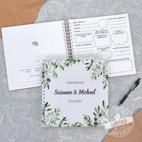 Gästebuch für Hochzeit, mit Namen und Datum perosnalisierbar, mit Vorgedruckten Fragen