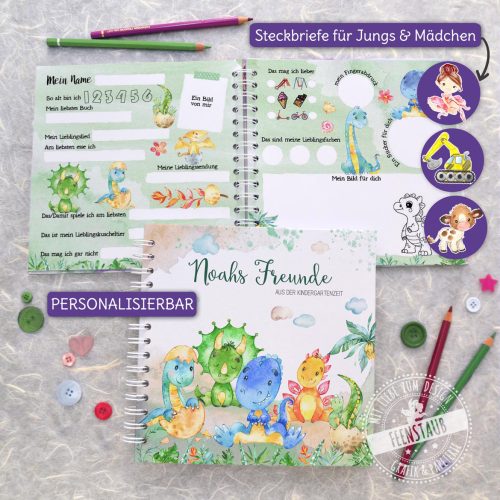 freundschaftsbuch Dino, Erinnerungsbuch Kindergarten, Freundebuch Kita