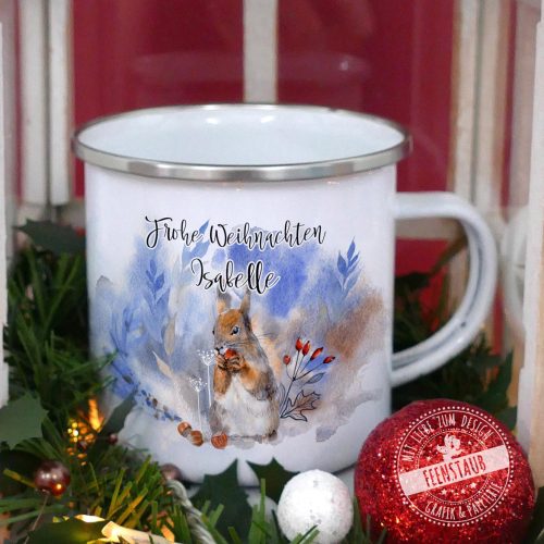 Emaille Tasse mit Eichhörnchen, bedruckte Weihnachtstasse