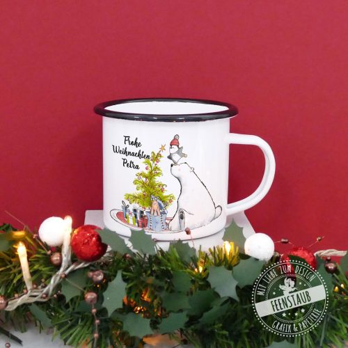 emaillierte Tasse, Weihnachtstasse, Kindertasse mit Namen, Tannenbaum