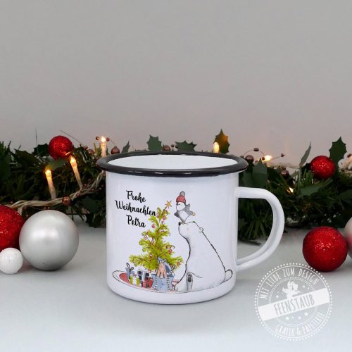 Emaille Tasse, personalisierbare Weihnachtstasse bedruckt mit Weihnachtsbaum