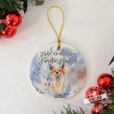 Anhänger für Weihnachten mit Namen und Fuchs bedruckt, Keramikanhänger